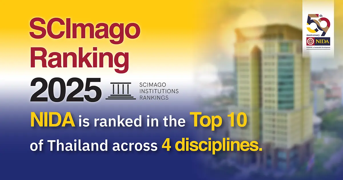 SCImago Ranking 2025 Announcement. NIDA is ranked in the top 10 of Thailand across 4 disciplines.