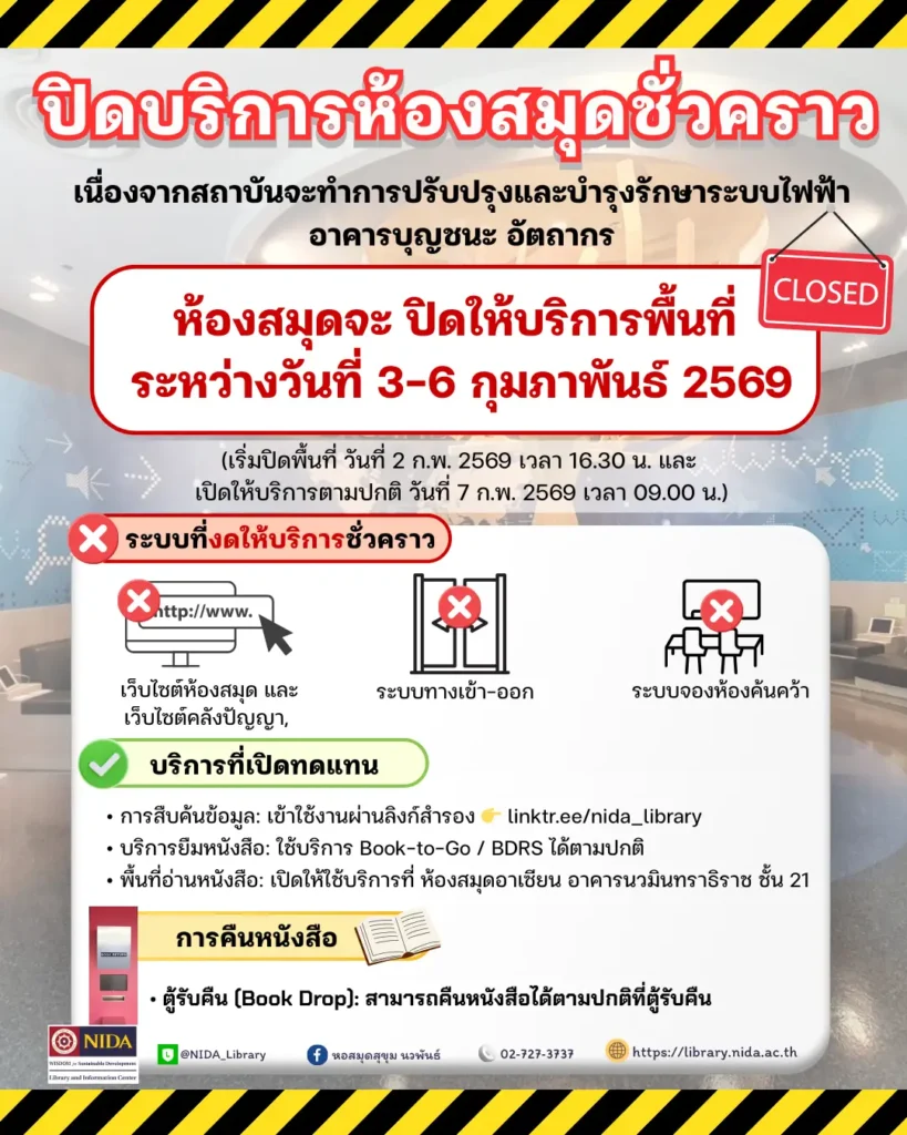 ประกาศปิดให้บริการห้องสมุดชั่วคราว