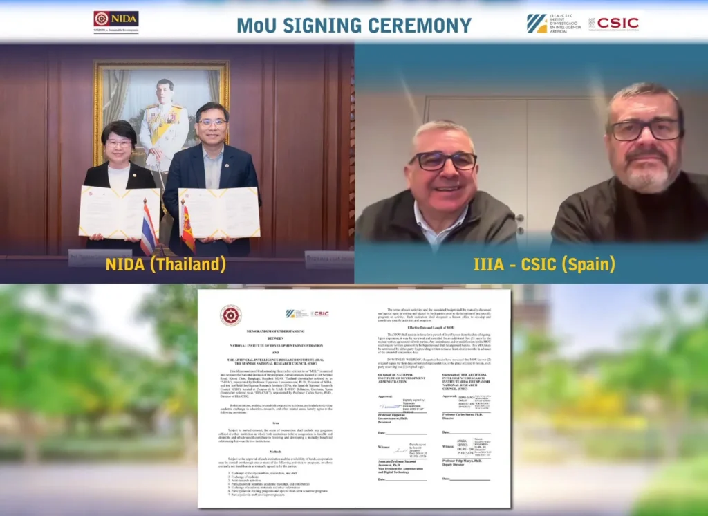 Image Name Memorandum of Understanding (MoU) Signing Ceremony between the National Institute of Development Administration (NIDA) and the Artificial Intelligence Research Institute (IIIA-CSIC), Kingdom of Spain